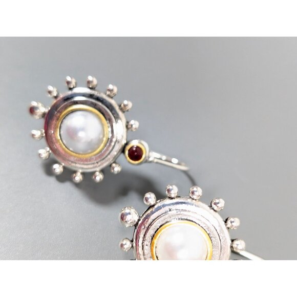 White Faux Pearl Modernist Earrings Two Tone Red Drop Chic Atomic - Picture 5 of 8